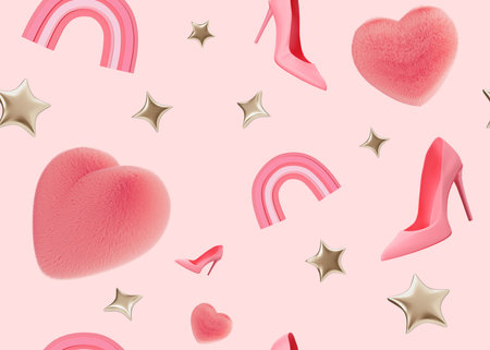 Pink seamless pattern with stars, hearts, high heels. Applicable for fabric print, textile, wallpaper, gifts wrapping paper. Repeatable texture. Modern style, pattern for girls bedding, clothes. 3D.の写真素材