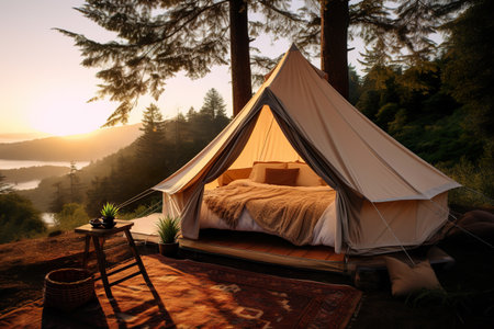 Sunset glamping in a forest, with a luxury tent perched above a stunning valley view, inviting relaxation. Camping with luxury, plush bedding, and natures beauty. Generative AI.の素材