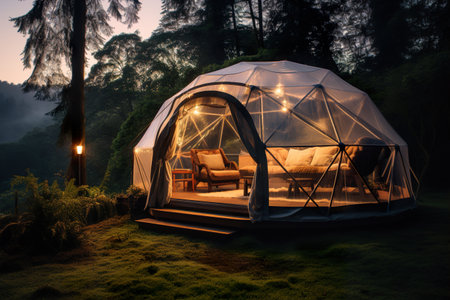Dusk settles over a geodesic glamping dome nestled in a forest clearing, a cozy sanctuary amid nature. Camping with luxury and natures beauty. Generative AI.の素材