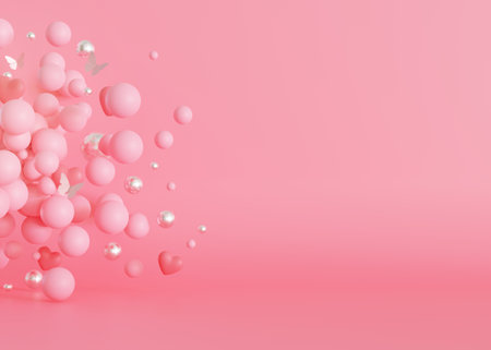 Scene with pink spheres, hearts, butterflies and copy space for product, cosmetic presentation, Valentines Day promotion, wedding invitation. Mock up. Display, showcase. Girls background. 3D.の写真素材