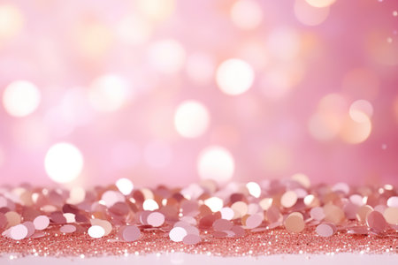 Pink confetti scattered on glittering surface with soft bokeh effect background, perfect for celebration themes. Copy space for your text. Merry Xmas, Happy New Year. Festive backdrop. Generative AI.の素材