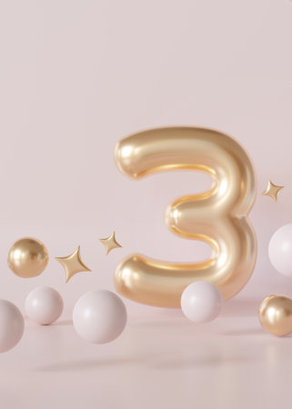 Golden number three with bubbles and stars on beige background. Symbol 3. Third birthday party,...