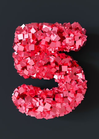 Pink number five on black background. Symbol 5. Fifth birthday party, business anniversary, or event celebrating a fifth milestone. Vertical picture. 3D render.の写真素材
