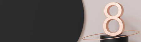 Golden number eight standing on podium. Symbol 8. Invitation for a eighth birthday party, business anniversary, or any event celebrating eighth milestone. Banner with copy space. 3D render.の写真素材