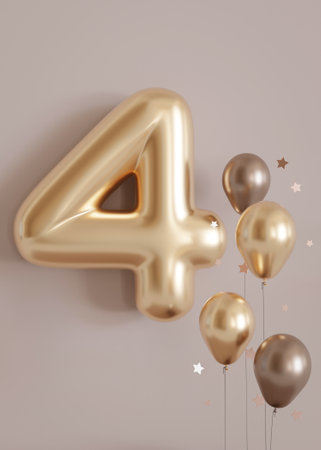 Golden number four and balloons on beige background. Symbol 4. Invitation for a fourth birthday...