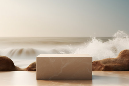Beige podium with water splashes and ocean on the background. Mock up for product presentation. Platform for beauty products. Empty scene. Stage, display. Podium with copy space. Generative AI.の素材