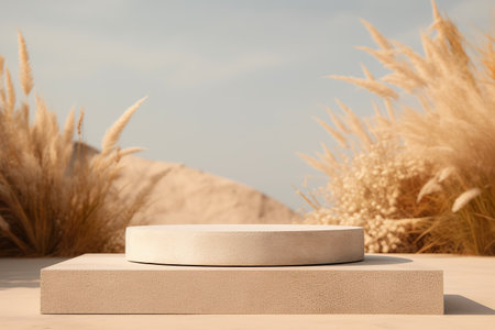Podium with pampas grass. Mock up for product, cosmetic presentation. Natural colors. Platform for beauty products. Empty scene. Stage, display, showcase. Podium with copy space. Generative AI.の素材