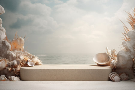A beach-themed beige podium with copy space, adorned with a variety of seashells, set against a backdrop of a misty sea and cloudy skies, perfect for summer product displays. Generative AI.の素材