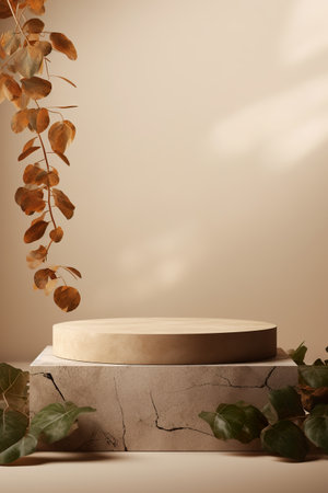 Showcasing a tranquil display, this image presents a beige stone podium with ample copy space, flanked by a spray of autumnal leaves and ivy, set against a warm neutral background. Generative AI.の素材