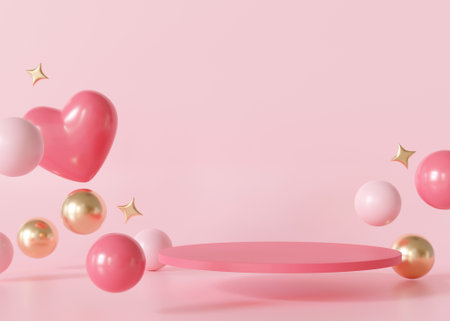 Pink podium with hearts, stars and bubbles. Valentines Day, Mothers Day. Podium for product, cosmetic presentation. Mock up. Pedestal or platform for beauty products. Stage with copy space. 3D.の写真素材