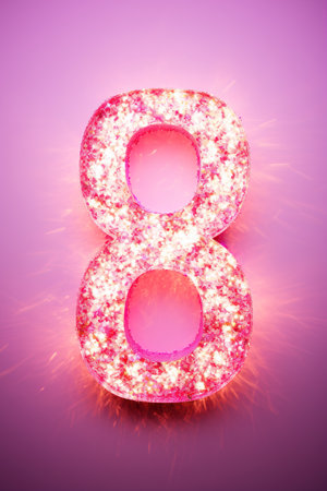 Pink glowing number eight. 8 Years Old. Eighth Birthday Celebration. Girls party. Girl celebrates. Special event. Anniversary of beauty company, womens business. Vertical picture. Generative AI.の素材