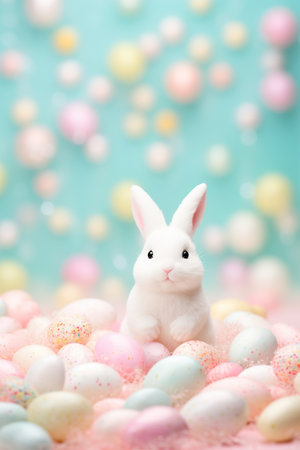 An adorable white bunny amidst a sea of speckled pastel Easter eggs against a backdrop of soft bokeh lights, ideal for holiday promotions, themed decor, and family-friendly content. Generative AI.の素材