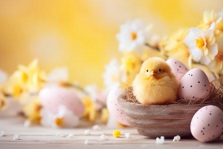 Yellow Easter background with eggs, flowers, cute chicken and copy space for text. Soft, pastel colors. Tranquil and joyful scene. Perfect for holiday-themed designs, greeting cards. Generative AI.の素材