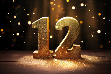 Golden sparkling number twelve on dark background with bokeh lights. Symbol 12. Invitation for a twelfth birthday party or business anniversary. Generative AI.の素材