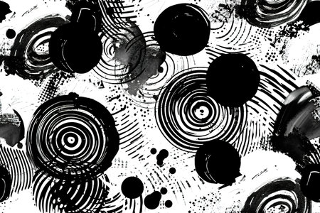 An abstract seamless pattern with black brushstrokes in a swirling motion, creating a dynamic texture suitable for wall art, edgy fashion, and contemporary design projects. Generative AI.の素材