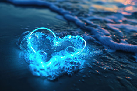 Neon heart glows amidst ocean waves, symbolizing a deep, abiding love as powerful and constant as the sea, perfect for themes of romance, passion, and the enduring nature of emotions. Generative AIの素材
