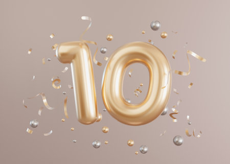 Golden shiny number ten and confetti on beige, neutral background. Symbol 10. Tenth birthday party, business anniversary. Festive event. Elegant, luxury numbers. 3D renderingの写真素材