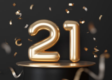 Golden, shiny number twenty one on black background with falling down confetti. Symbol 21. Invitation for a twenty-first birthday party or business anniversary. 3D renderingの写真素材