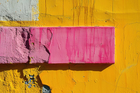 A textured yellow wall featuring a contrasting pink rectangular paint stroke, perfect for adding custom text or messages, ideal for striking design projects and art backgrounds. Generative AIの素材