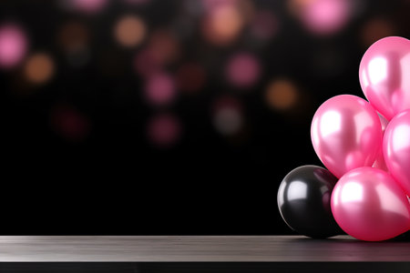 Empty tabletop with pink and black balloons. Front view. Mock up for product presentation. Empty scene. Display, showcase. Copyspace. Generative AIの素材
