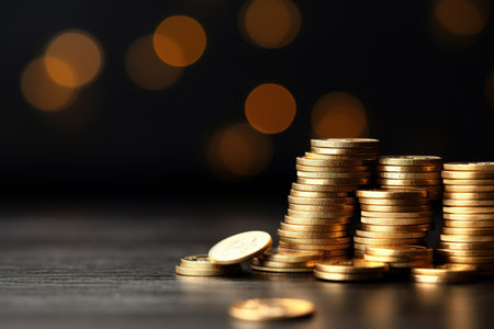 Stacks of golden coins on a dark surface with a blurred bokeh light background, ideal for financial, investment, or savings themed content and promotions. Copy space for text. Generative AIの素材