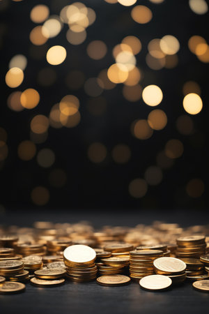 Stacks of golden coins on a dark surface with a blurred bokeh light background, ideal for financial, investment, or savings themed content and promotions. Copy space for text. Generative AIの素材