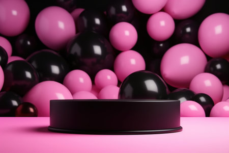 Stylish podium with pink and black balloons. Mock up for product, cosmetic presentation. Platform for beauty products. Empty scene. Stage, display, showcase. Podium with copy space. Generative AIの素材