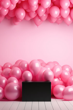 Stylish black podium with pink balloons. Mock up for product, cosmetic presentation. Platform for beauty products. Empty scene. Stage, display, showcase. Podium with copy space. Generative AIの素材