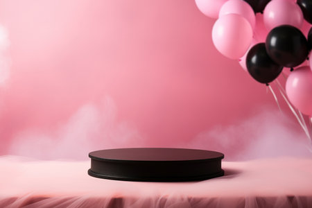 Stylish podium with pink and black balloons. Mock up for product, cosmetic presentation. Platform for beauty products. Empty scene. Stage, display, showcase. Podium with copy space. Generative AIの素材