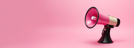 A chic pink and black megaphone on a matching background, providing ample copy space, perfect for engaging advertisements, announcements, or marketing materials. Panoramic banners. Generative AIの素材