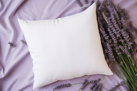 White pillow on soft purple blanket, with lavender sprigs. Blank cushion case template for your graphic design presentation. Pillow cover mock up for print, personalized illustration. Generative AI.の素材