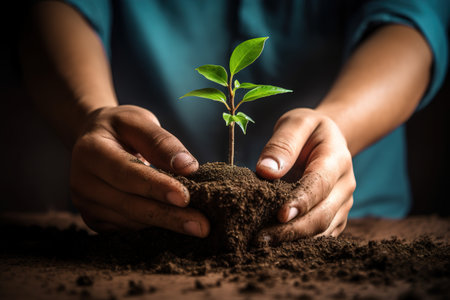 Nurturing hands cradle a young plant sprouting from fertile soil, symbolizing growth and care - ideal for Earth Day themes, environmental projects, and sustainability promotions. Generative AIの素材