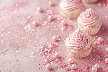 Pink background with elegant glittering cupcakes, copy space. Women's Day. It's a girl backdrop with empty space. Baby shower or birthday invitation, party. Baby girl birth announcement. Generative AIの素材