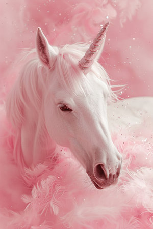 Pink glittering background with unicorn, copy space. Women's Day. It's a girl backdrop with empty space. Baby shower or birthday invitation, party. Baby girl birth announcement. Generative AIの素材