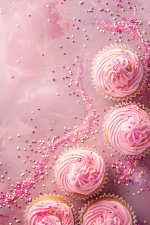 Pink vertical background with glittering cupcakes, copy space. Women's Day. It's a girl backdrop with empty space. Baby shower or birthday invitation, party. Baby girl birth announcement. Generative AIの素材