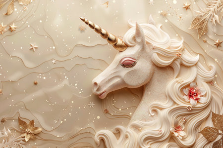 An elegant unicorn illustration in beige with golden accents, perfect for children's fantasy themes, birthday invitations, or creative storytelling, with ample space for text. Generative AIの素材