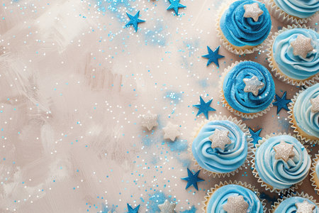 Beige background with blue cupcakes glitter and copy space. It's a boy backdrop with empty space for text. Baby shower, birthday invitation, party. Baby boy birth announcement. Men's Day. Generative AIの素材