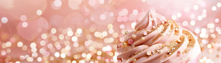 Pink background with elegant glittering cupcake, copy space. Women's Day. It's a girl backdrop with empty space. Baby shower or birthday invitation, party. Baby girl birth announcement. Generative AIの素材