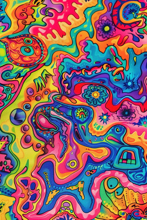 Vibrant abstract psychedelic background with swirling patterns in bold colors, ideal for creative projects, posters, or Y2K inspired designs. Optical illusion. Vertical format. Generative AIの素材