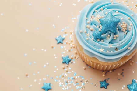 Beige background with blue cupcake glitter and copy space. It's a boy backdrop with empty space for text. Baby shower, birthday invitation, party. Baby boy birth announcement. Men's Day. Generative AIの素材