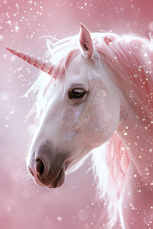 Pink glittering background with unicorn, copy space. Women's Day. It's a girl backdrop with empty space. Baby shower or birthday invitation, party. Baby girl birth announcement. Generative AIの素材