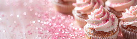 Pink background with elegant glittering cupcakes, copy space. Women's Day. It's a girl backdrop with empty space. Baby shower or birthday invitation, party. Baby girl birth announcement. Generative AIの素材