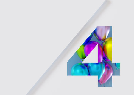 Number four and vibrant, colorful balloons on white background. Symbol 4. Invitation for a fourth birthday party, business anniversary, or any event celebrating a fourth milestone. Copyspace. 3Dの写真素材
