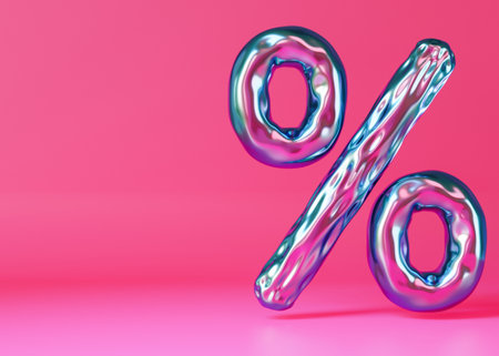 Holographic, shiny discount sign on vibrant pink background. Iridescent percent symbol. Sale,...