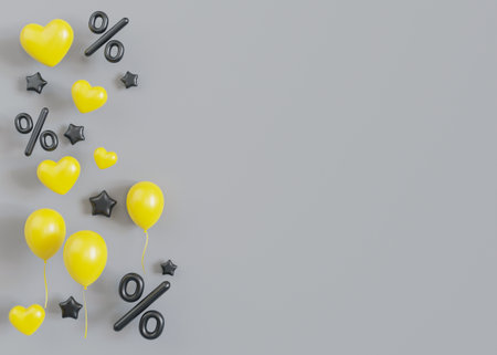 Gray background with discount signs, yellow balloons and hearts. Empty, copy space for promotion text. Percent symbols. Sale, special offer, good price, deal, shopping. Sale off Black Friday. 3Dの写真素材