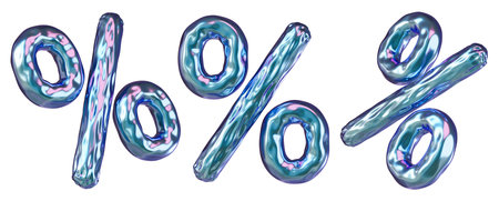 Holographic percent signs isolated on white background. 3D discount symbols set, iridescent. Color...