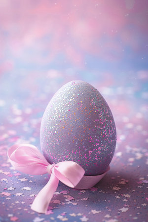 A mesmerizing Easter egg adorned with sparkling glitter and a delicate pink ribbon, set against a whimsical pastel background, perfect for Easter promotions and spring-themed visuals. Generative AIの素材