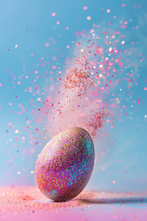 Enchanting Easter background with egg, glitter and copy space for text. Vibrant colors. Motion, particle explosion. Perfect for holiday-themed designs, greeting cards. Generative AIの素材