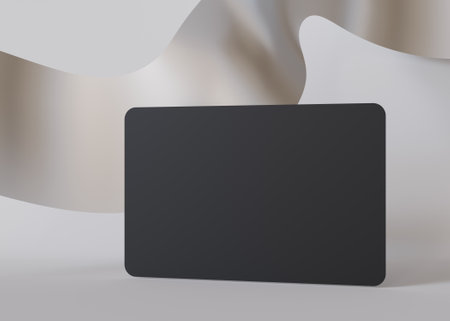 Black business card mockup floating against a soft, wavy white backdrop, perfect for a clean and modern brand display. European size, 3,25 x 2,17 inch. Visiting, name card. Rounded corners. 3D.の写真素材