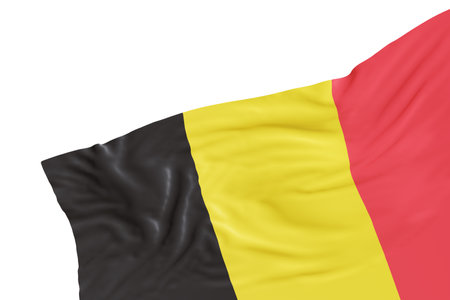 Realistic flag of Belgium with folds, isolated on white background. Footer, corner design element. Cut out. Perfect for patriotic themes or national event promotions. Empty, copy space. 3D render.の写真素材